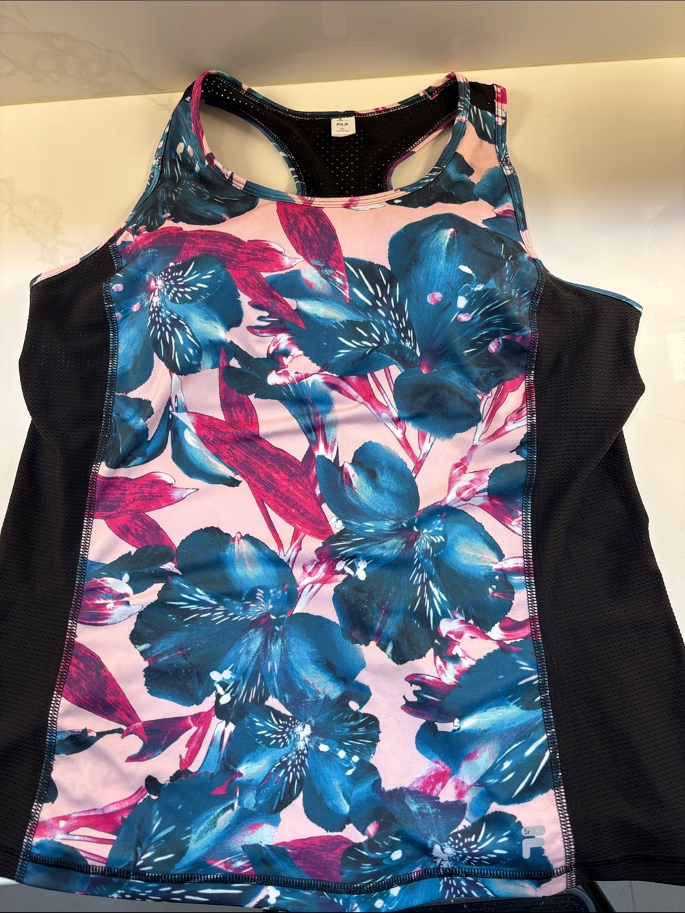 Fila Pink Tank with Blue Floral Print and Black Panels